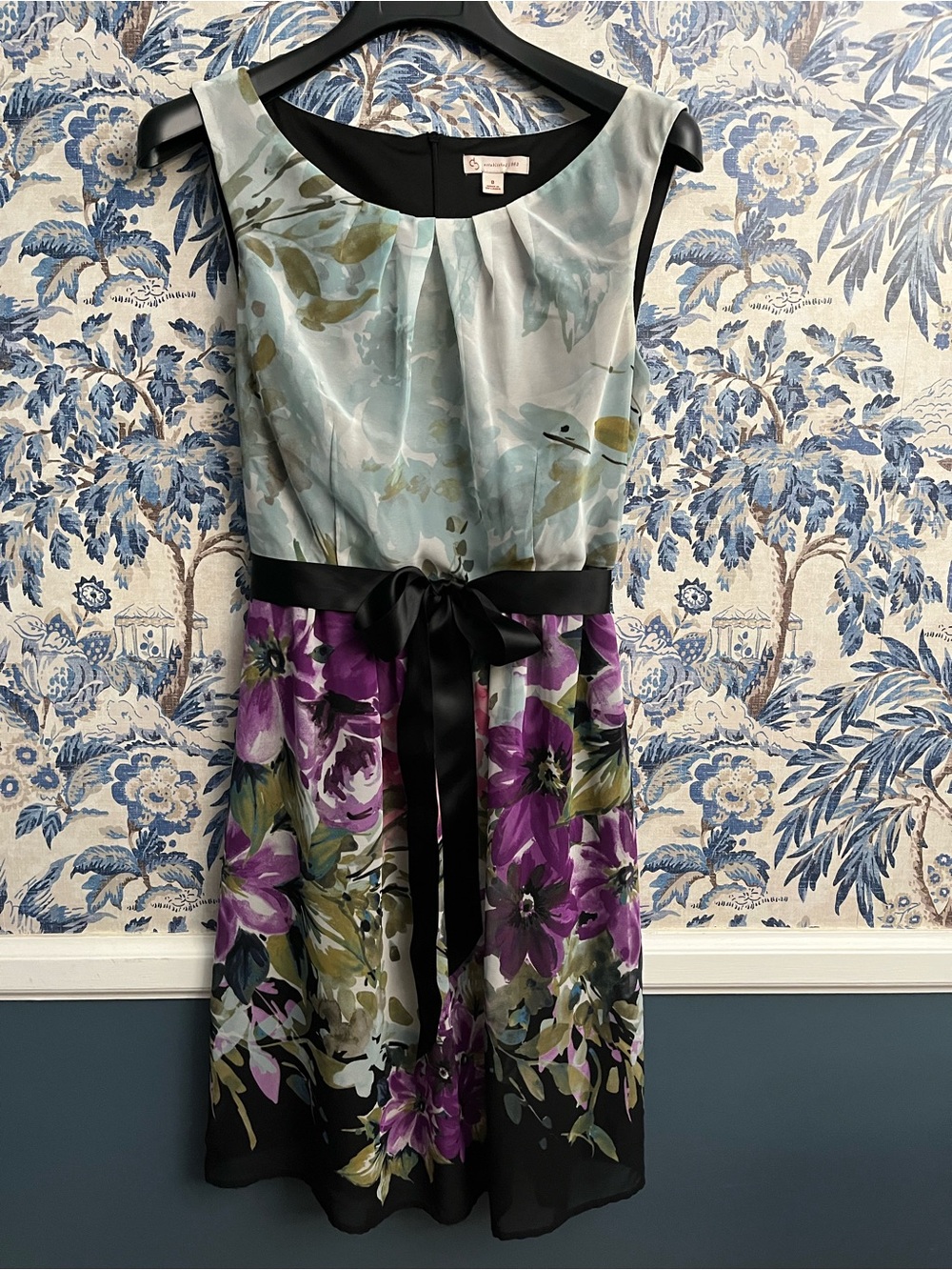 Elegant Floral Fit & Flare Dress with Black Sash - Purple/Green